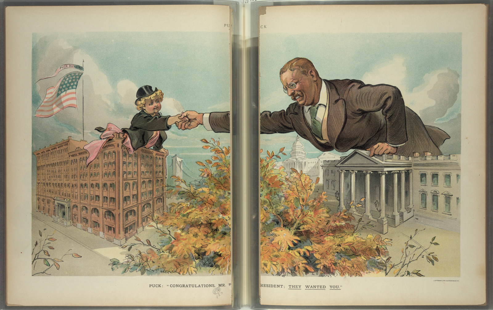 The drawing shows Puck reaching the White House from the Puck Building to shake hands with Theodore Roosevelt to congratulate him on his election as President of the United States - Photo The Library of Congress