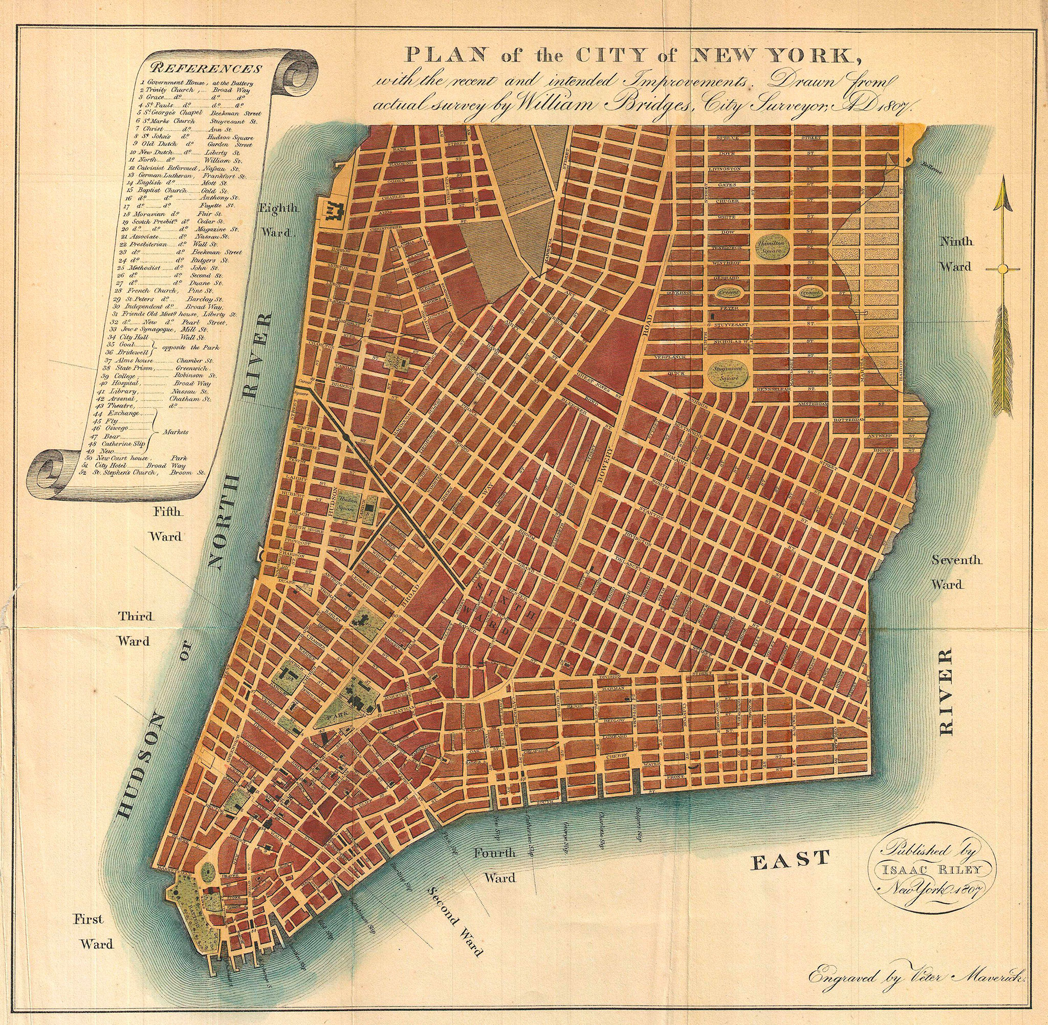Plan of the city of New York - Fonte: https://commons.wikimedia.org/wiki/File:1807_Bridges_Map_of_New_York_City_(1871_reissue)_-_Geographicus_-_NewYork-bridges-1871.jpg